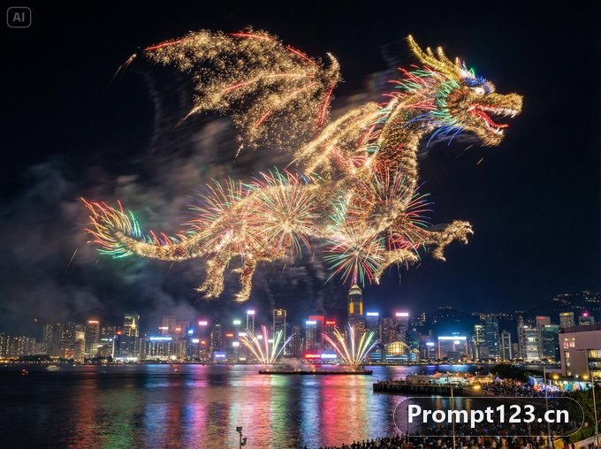 烟花在水滨城市上空勾勒出主题的形状