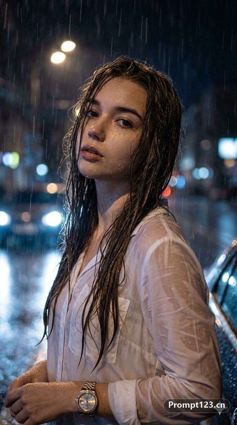雨夜都市的沉思女性