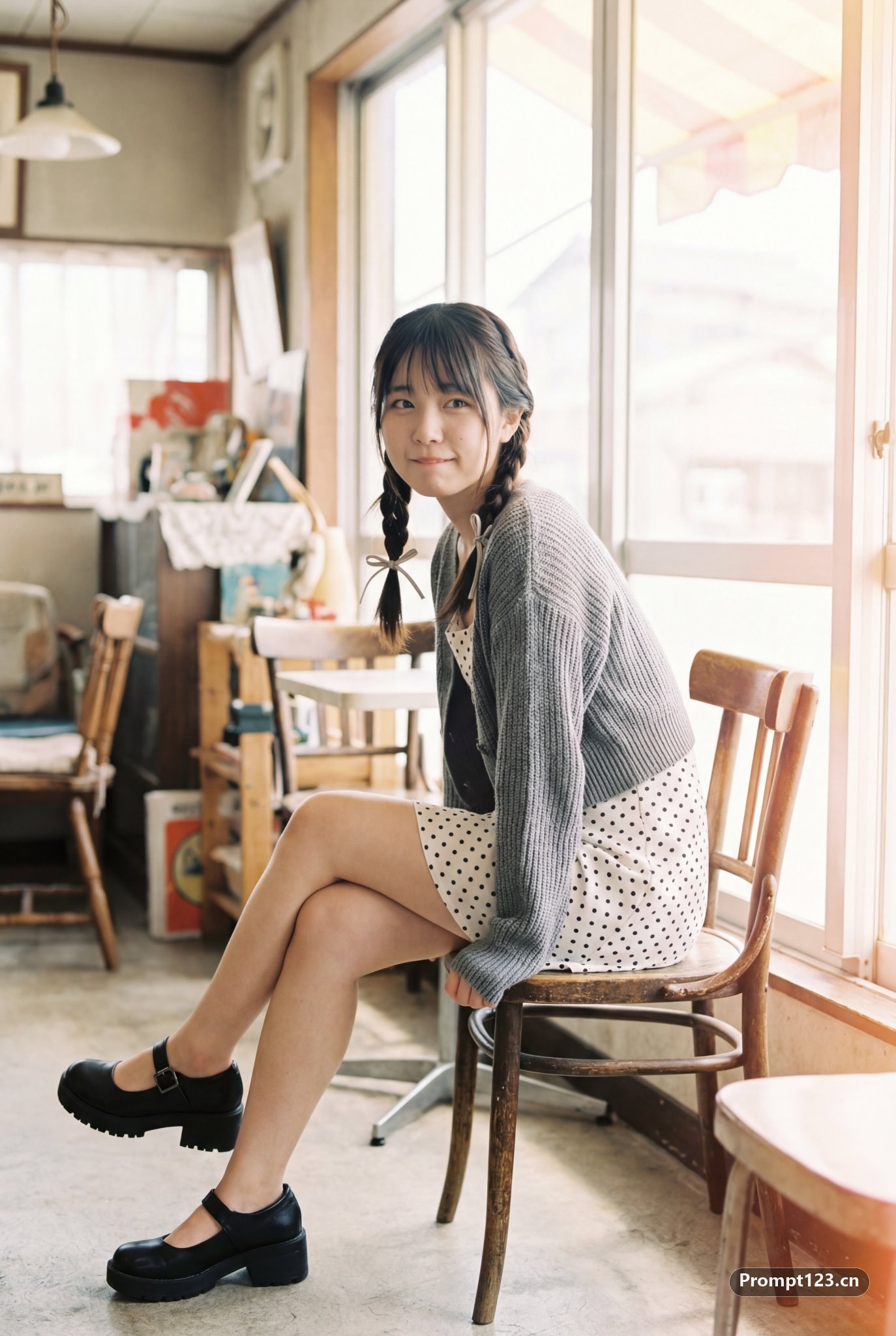 女性在阳光洒满的复古咖啡馆里