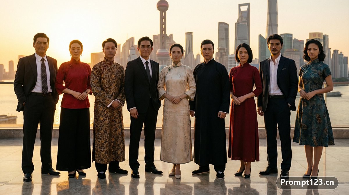 穿着成名的衣服拍合照在上海江滩