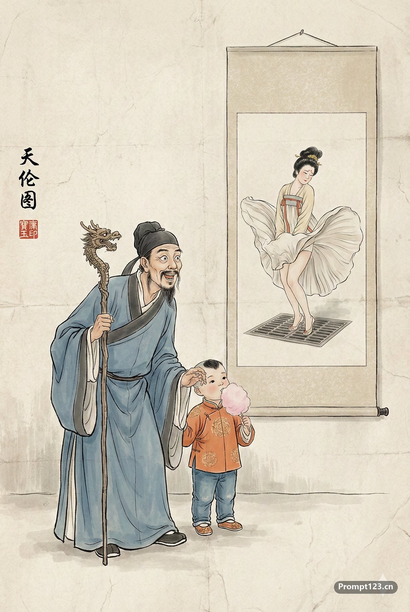 天伦图趣味水墨画