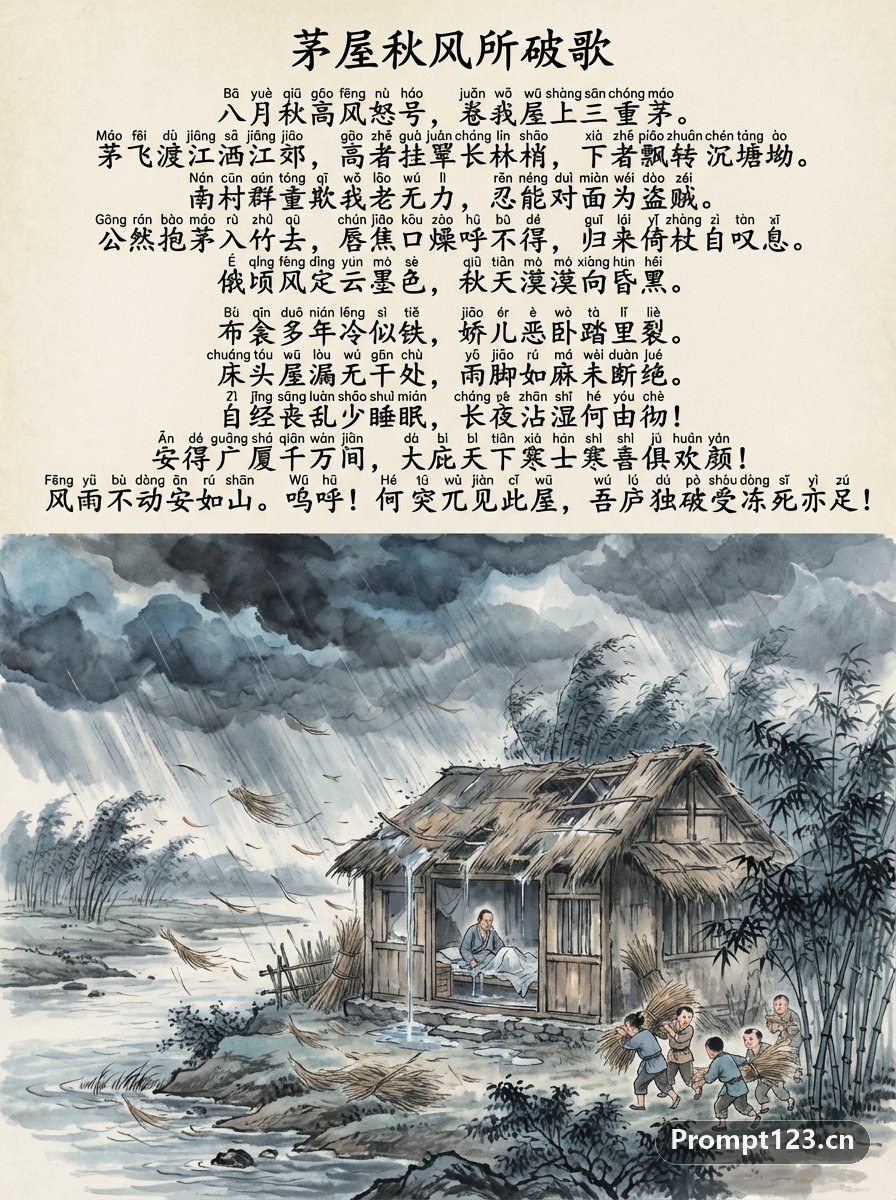 茅屋秋风所破歌中文和拼音图