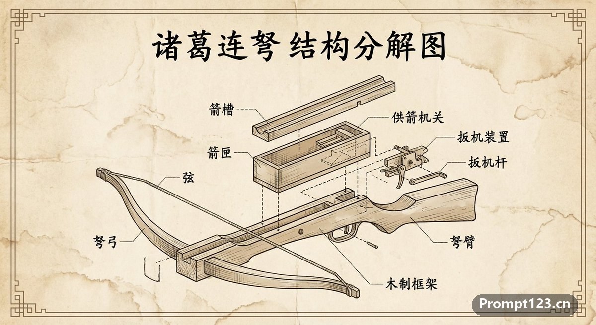 诸葛连弩的复古风格工程爆炸图
