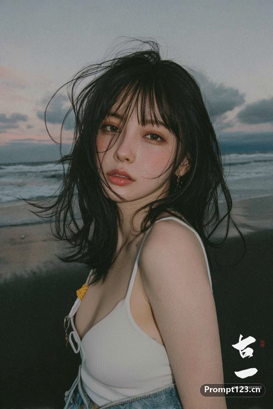 女子海边电影风格肖像照