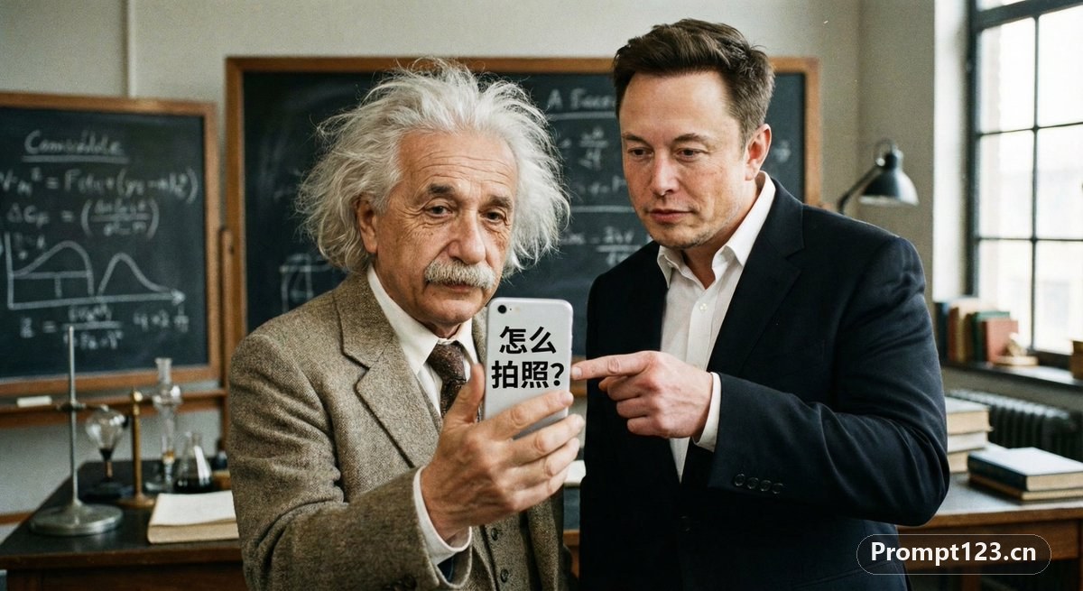 马斯克教爱因斯坦拍照