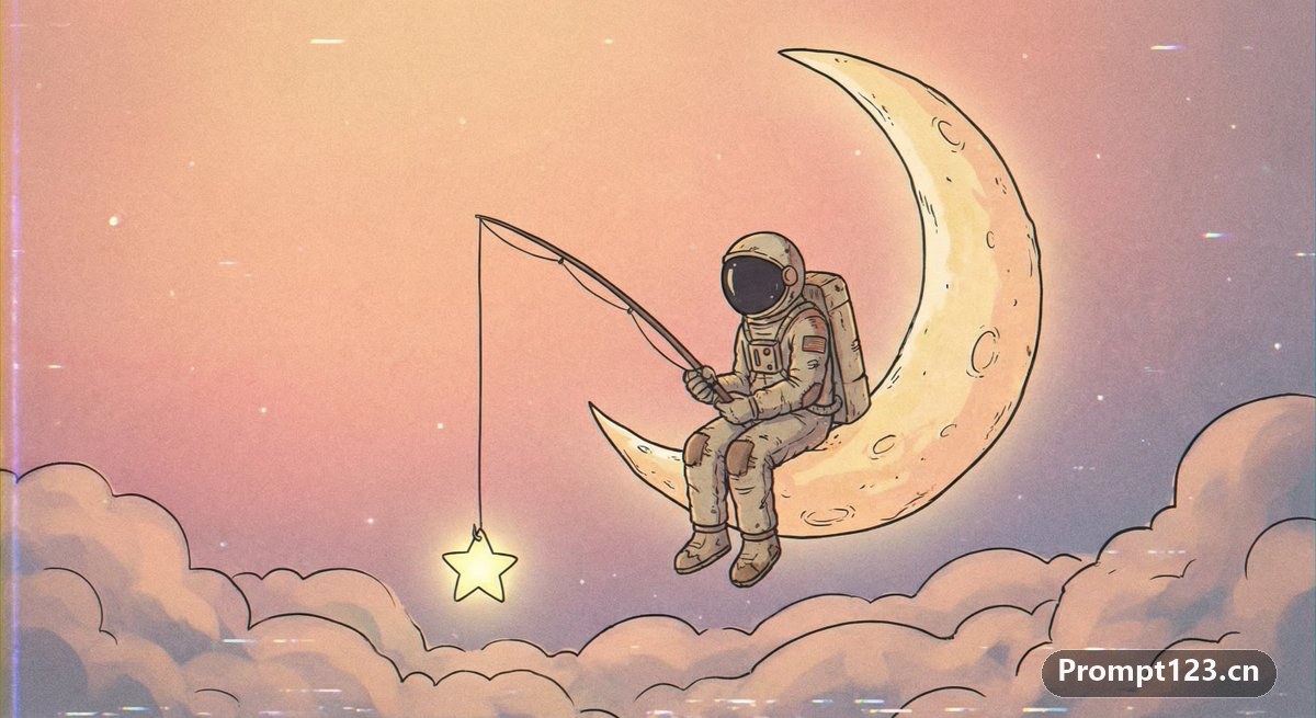 宇航员坐在弯弯的月亮边钓星星