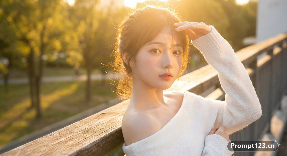 身着白色针织上衣的阳光女孩