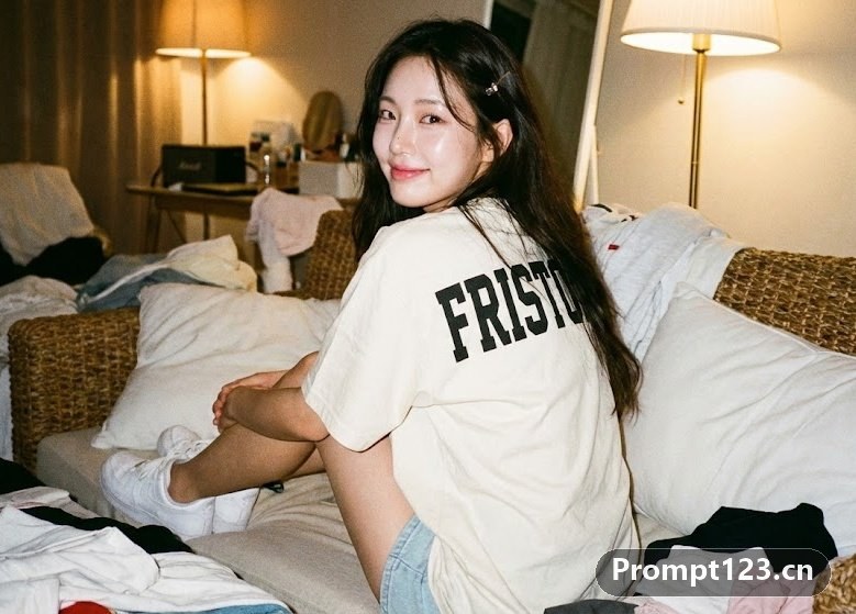女生背对着观众坐在编织沙发上