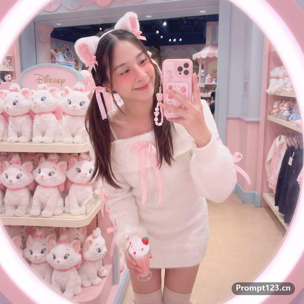 女子在迪士尼商店里对着镜子自拍