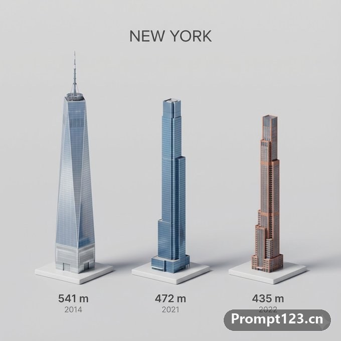 微缩3D卡通视图展城市最高的三座建筑