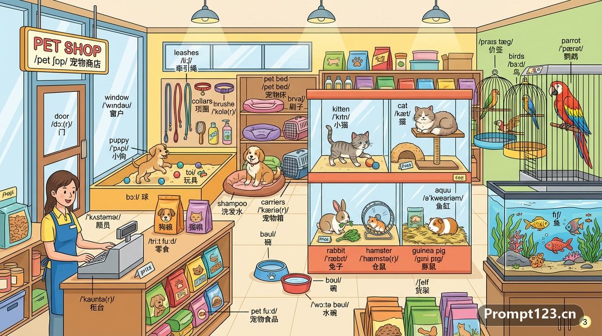 绘制一个详细的宠物商店场景