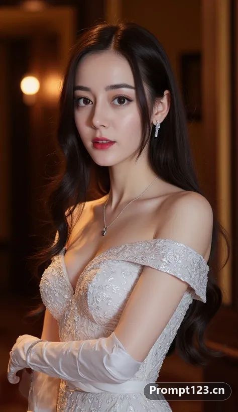 女子身穿白色露肩蕾丝婚纱
