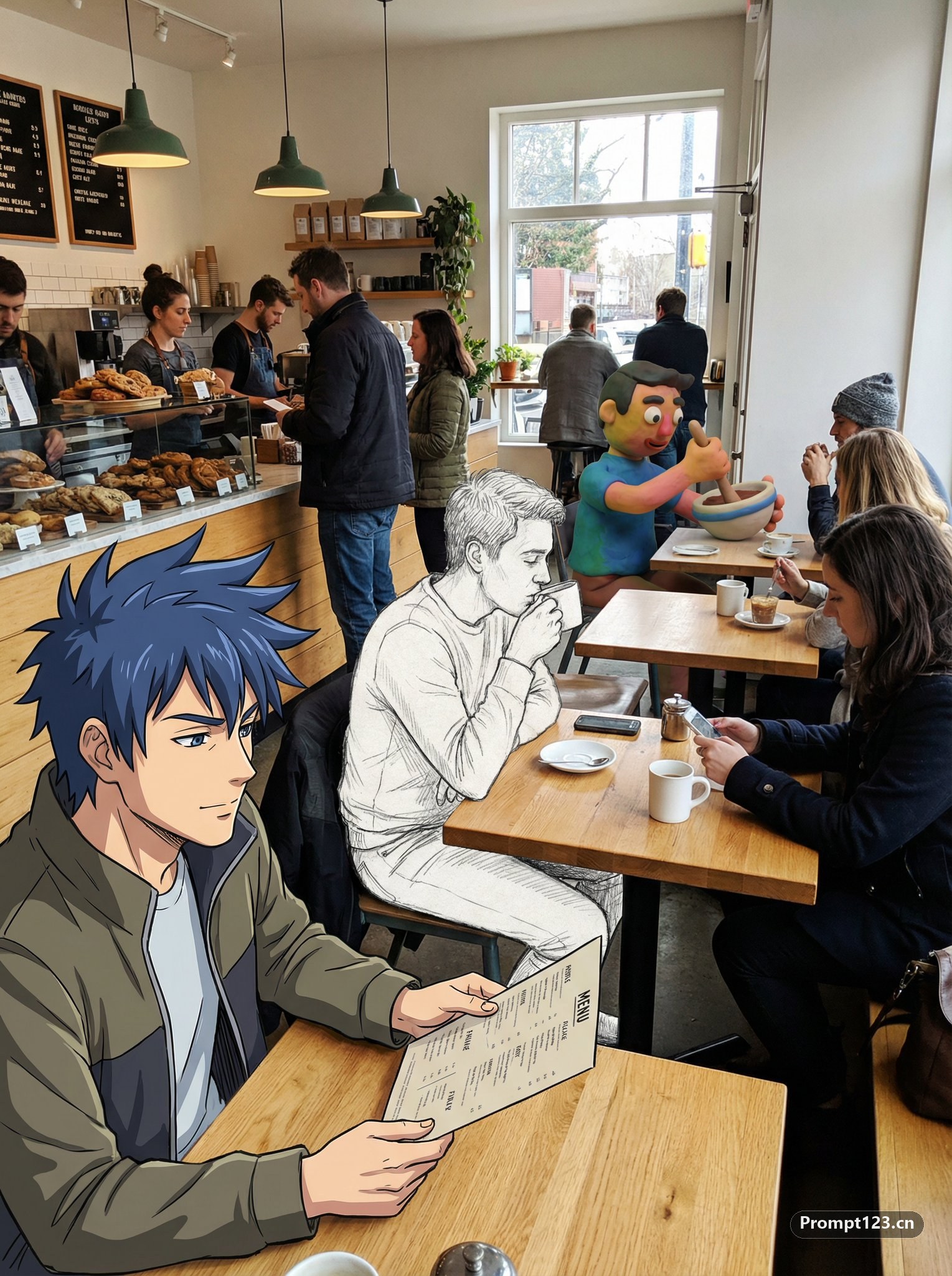 融合了动漫人物素描人物和黏土动画人物