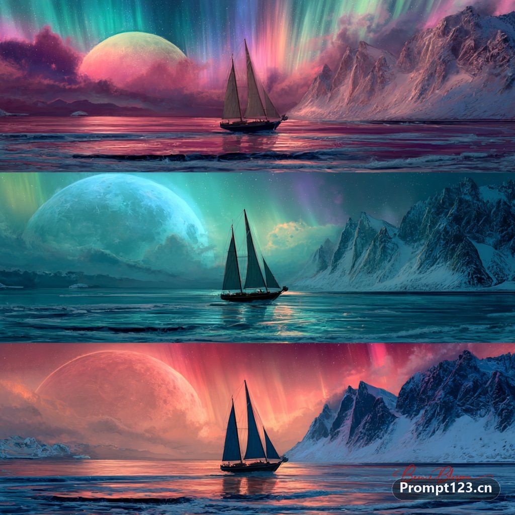 海洋中三艘不同的奇幻帆船