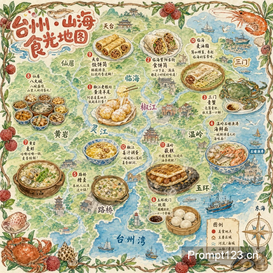 一张手绘风格的城市美食地图，以台州为主题