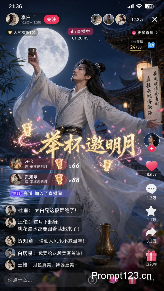 诗仙李白月下直播起舞