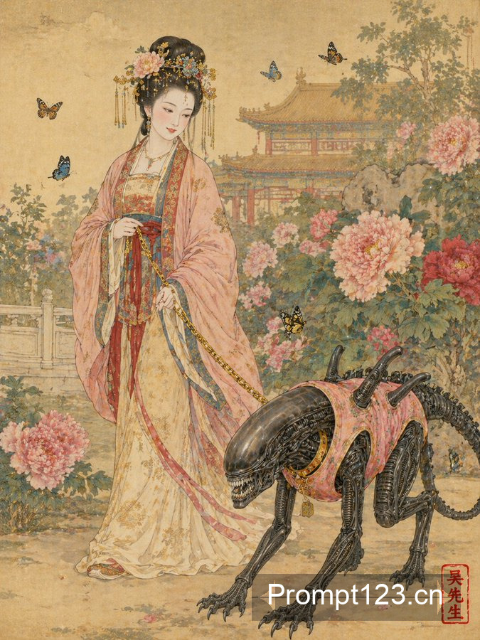 唐朝贵妇遛粉色马甲异形工笔画