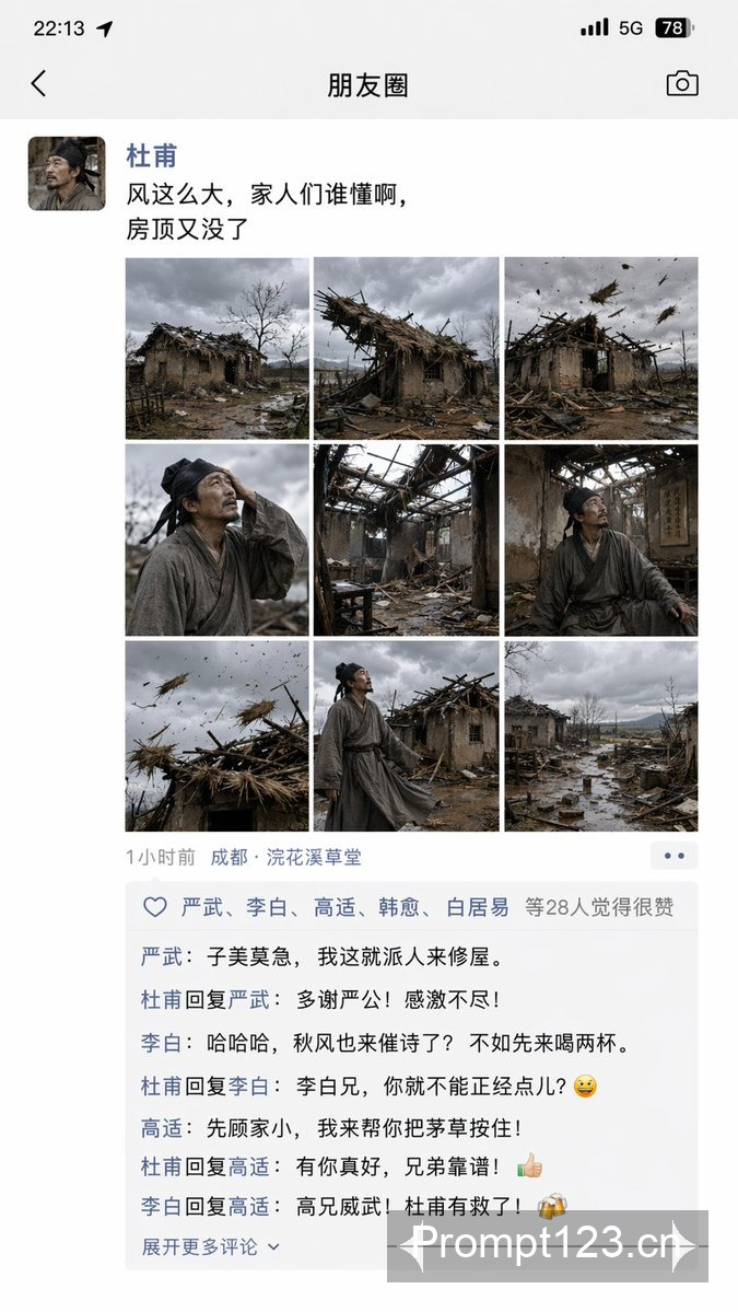 杜甫朋友圈吐槽茅屋被掀翻