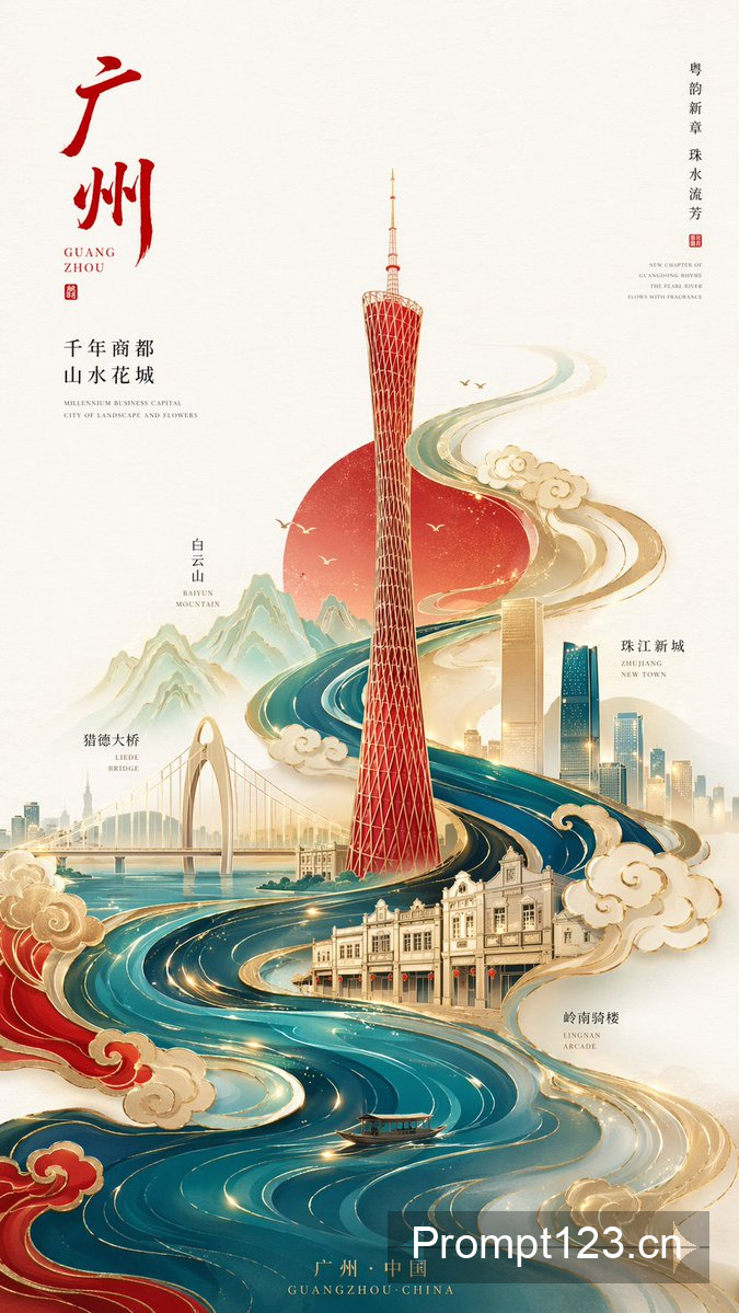 极简国潮鎏金广州塔海报