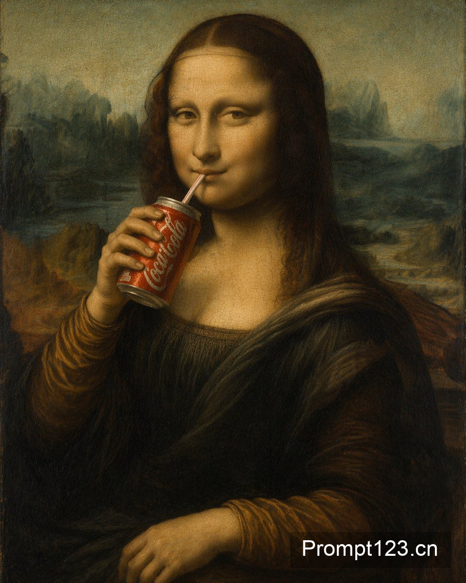 蒙娜丽莎畅饮可乐的趣味油画