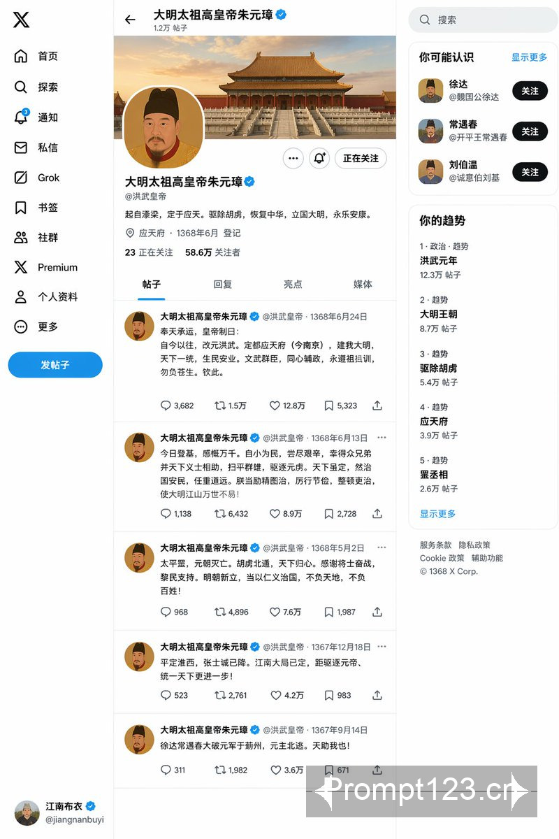 朱元璋登基后的推特主页