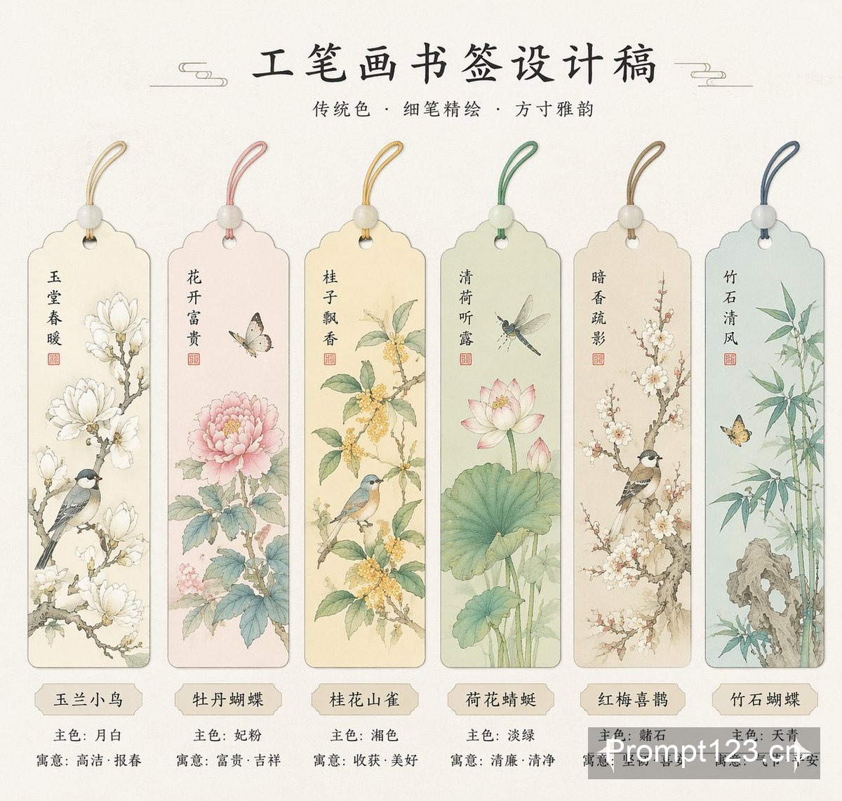 绝美国风工笔画书签设计