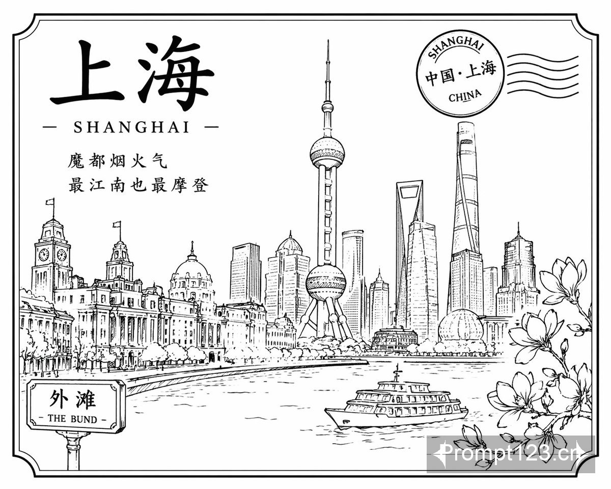 黑白线稿勾勒的上海风情