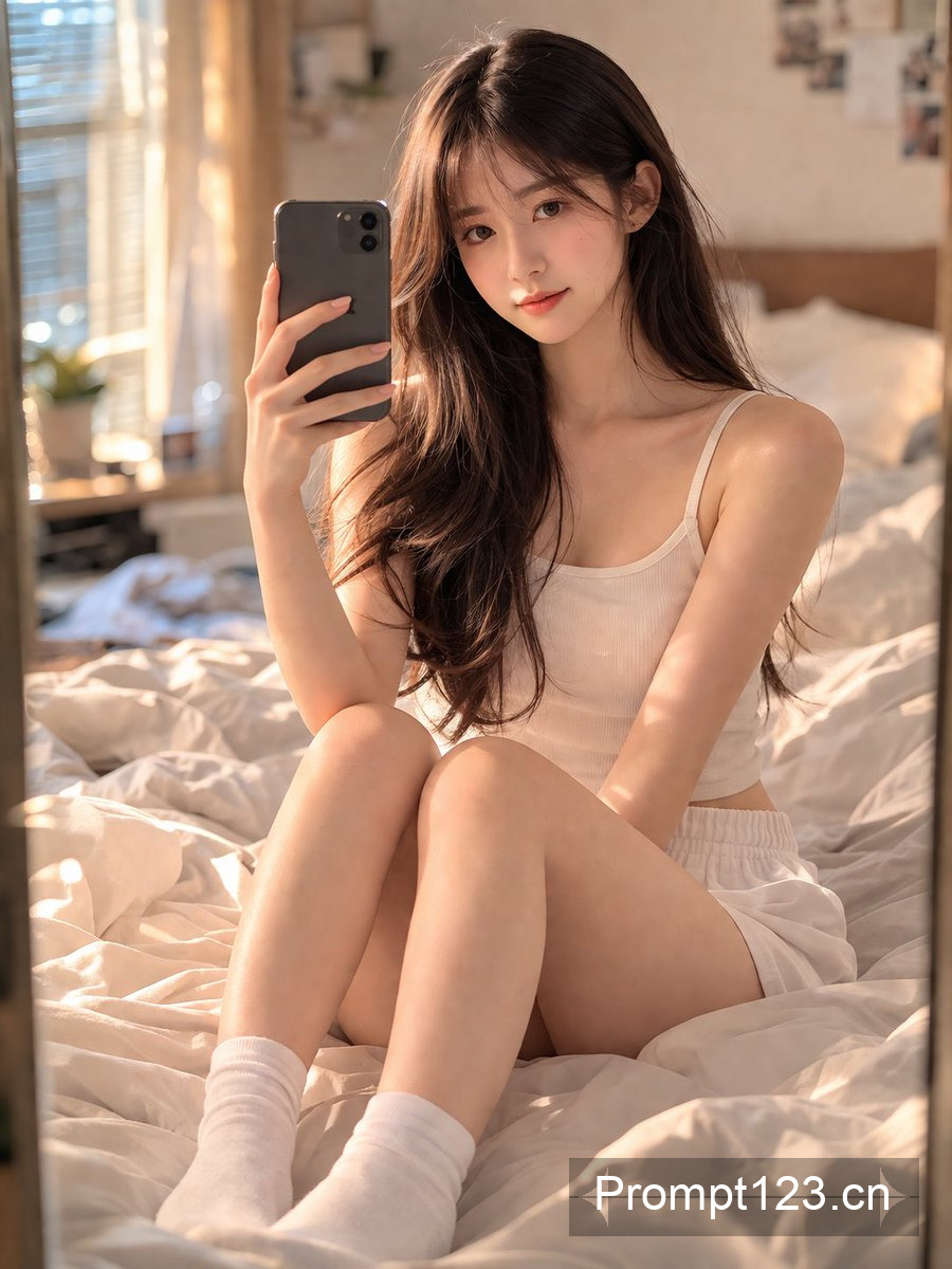 温馨卧室里的少女自拍