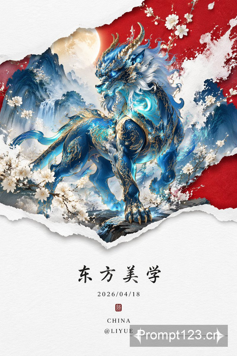 荧光蓝穷奇新中式山水画