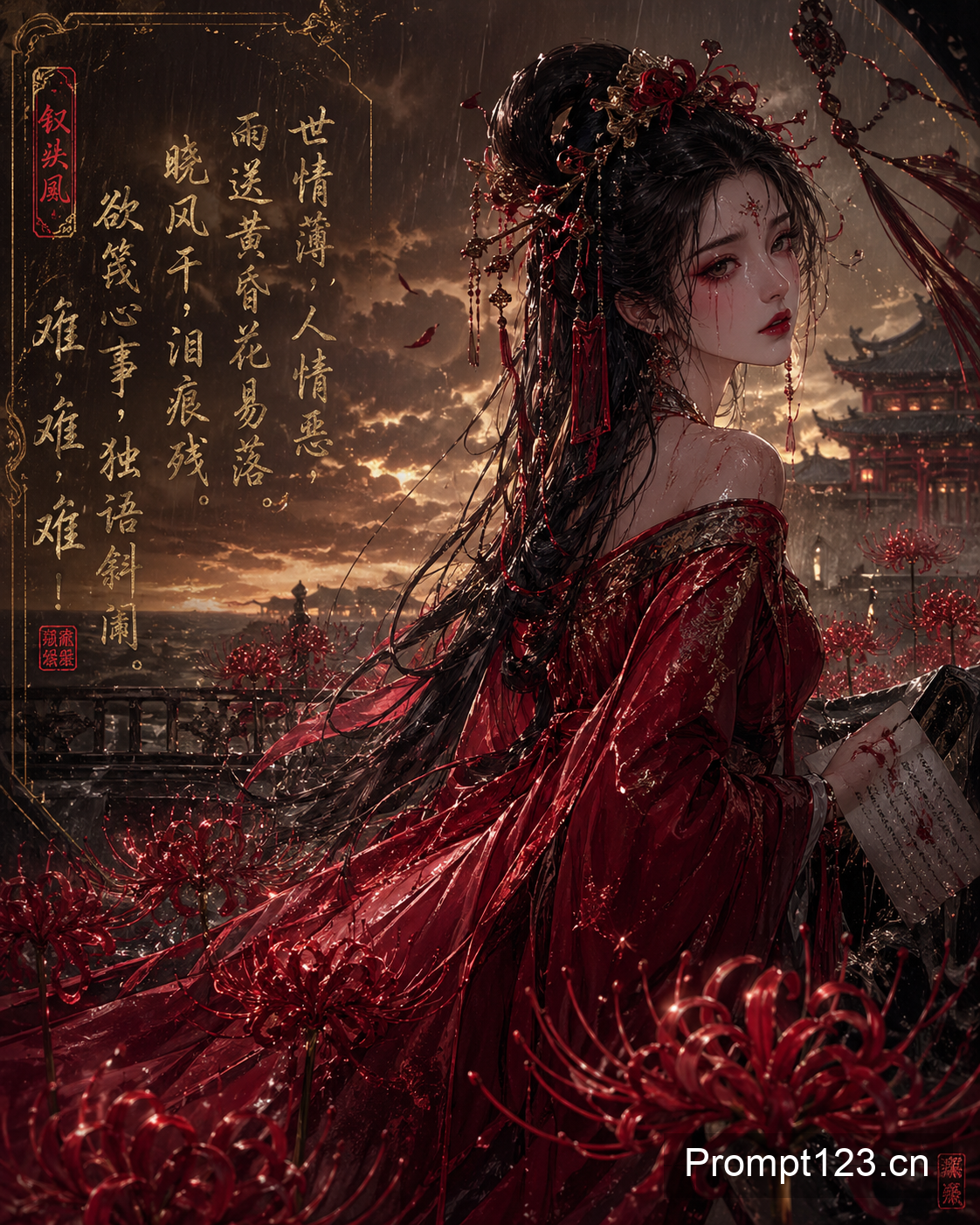 彼岸花丛中的红妆女子