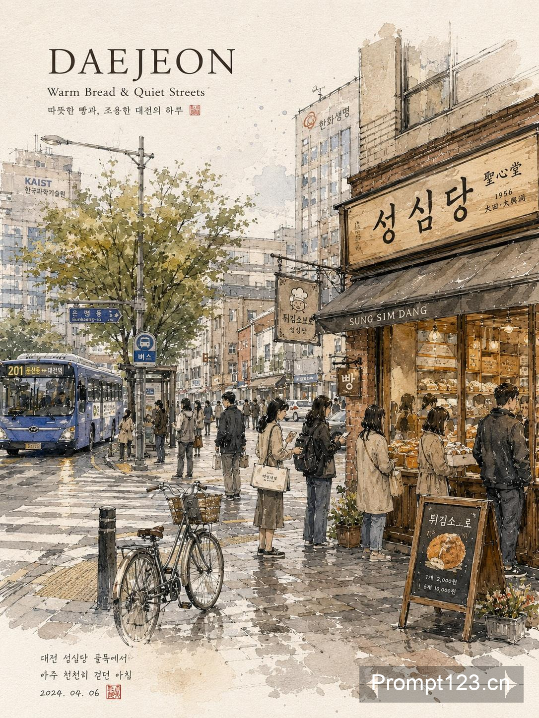 韩国城市水彩旅行插画
