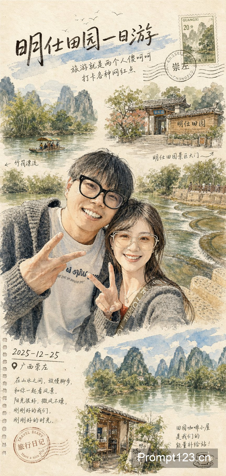 旅游照水墨明信片